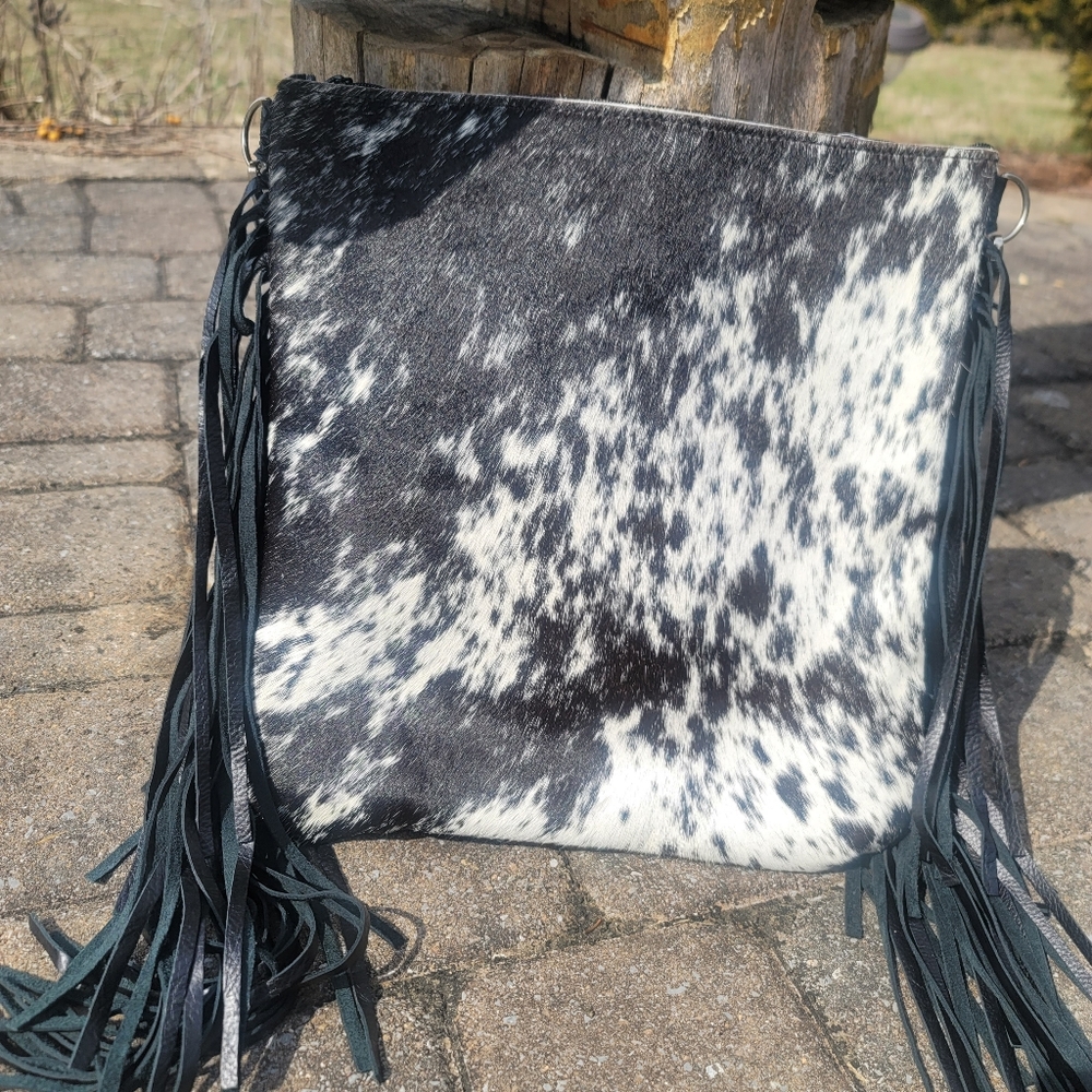 Calf Hair On Hide Hsndcrafted Leather XL Fringe Bag Embossed Aztec Western Vibes - Picture 9 of 9